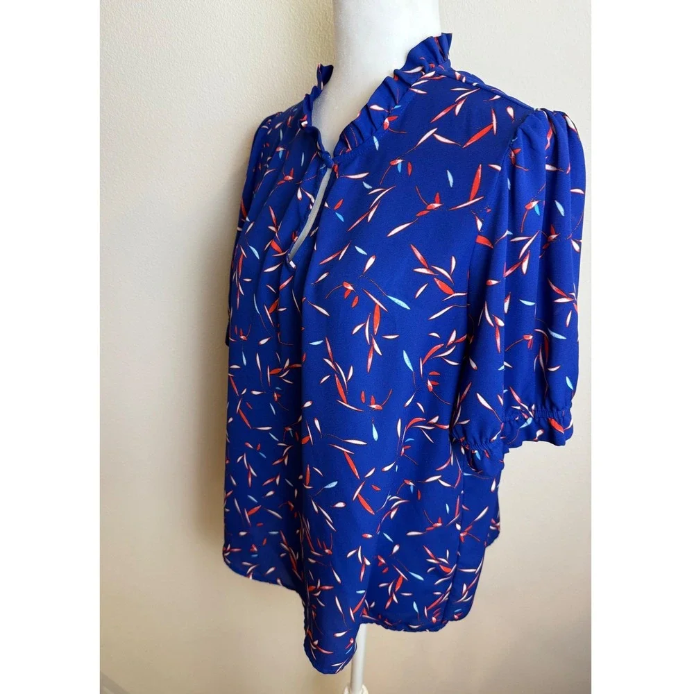 Banana Republic Blue Ruffle High Neck Puff Sleeve Abstract Leaf Print Blouse Top